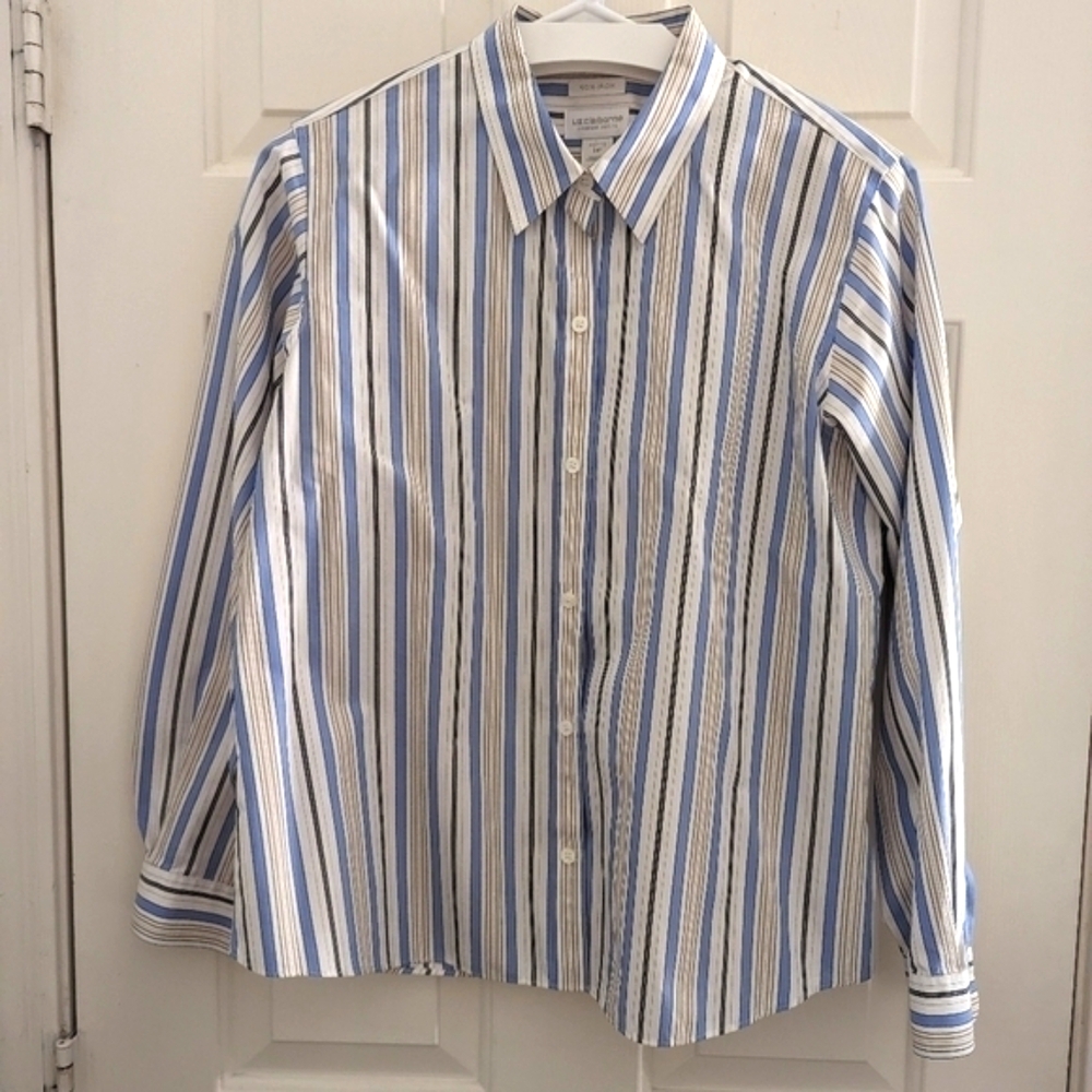 Liz Claiborne Non-Iron Women's Shirt Button Front Blue Stripe‎ Size 14P